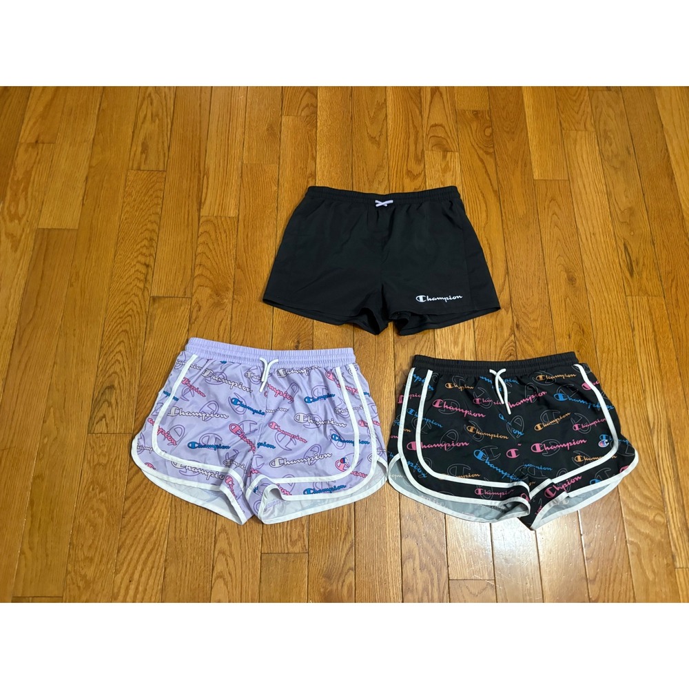 Champion Girls Athletic Shorts Bundle 3 Pack Black Purple Logo Size 14/16 XL